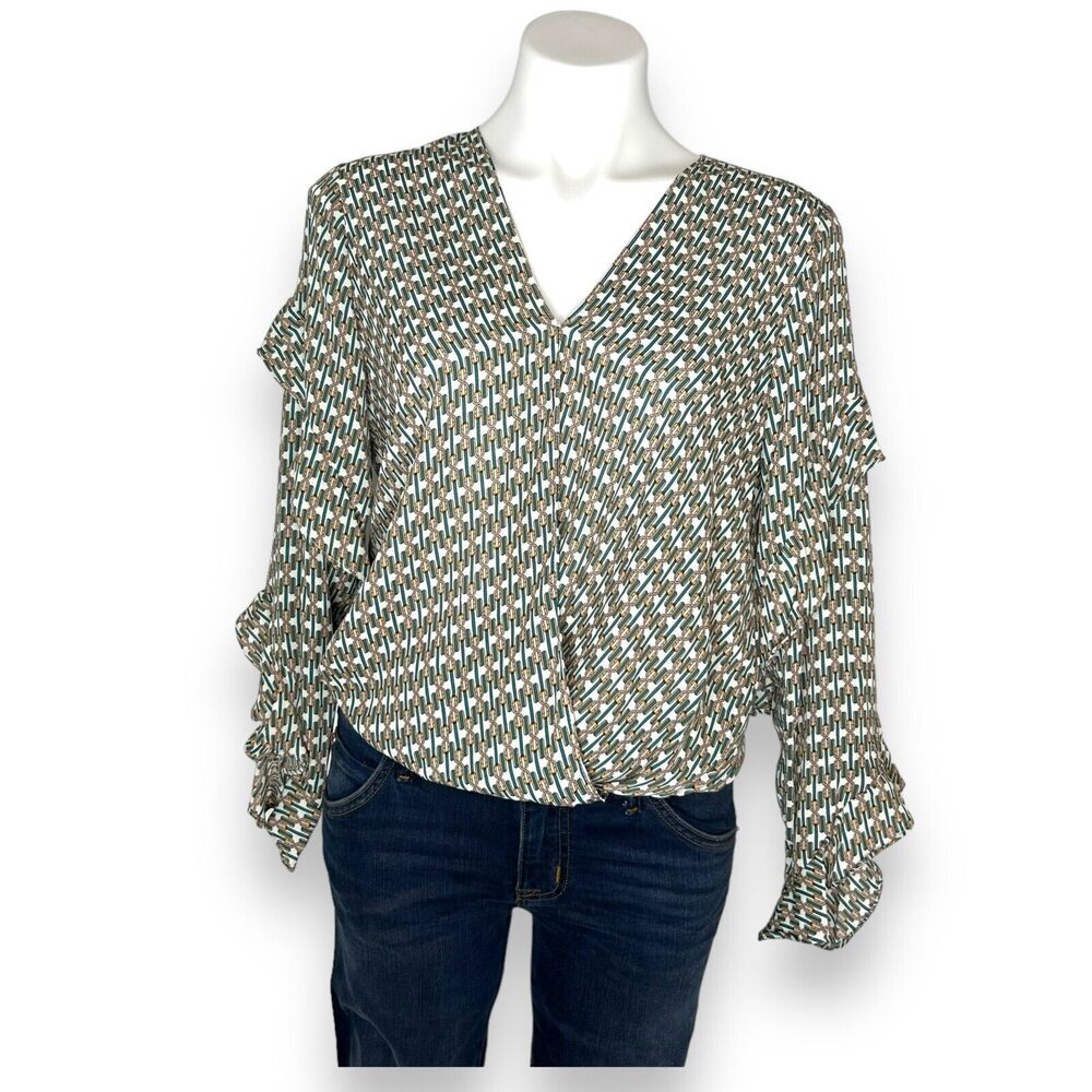 New MAX STUDIO Boho Print Faux Wrap Chiffon Boho Peasant Blouse Long Sleeve Sz M